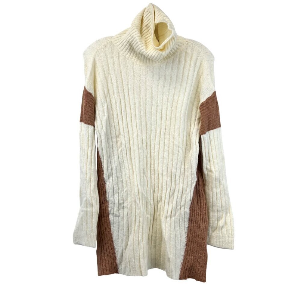Doe & Rae Womens Turtleneck Sweater Cream/Brown Ribbed Size Small Long Sleeve